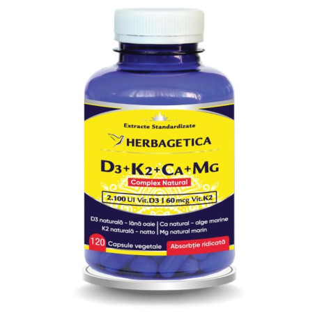 Herbagetica Complex Natural D3 + K2 + Ca + Mg – 120 capsule